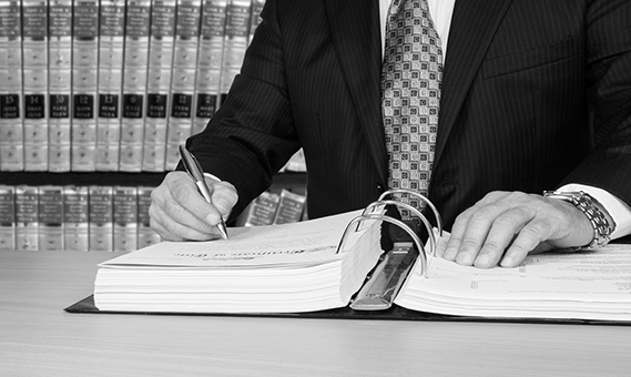 A lawyer reviewing documents with a client
