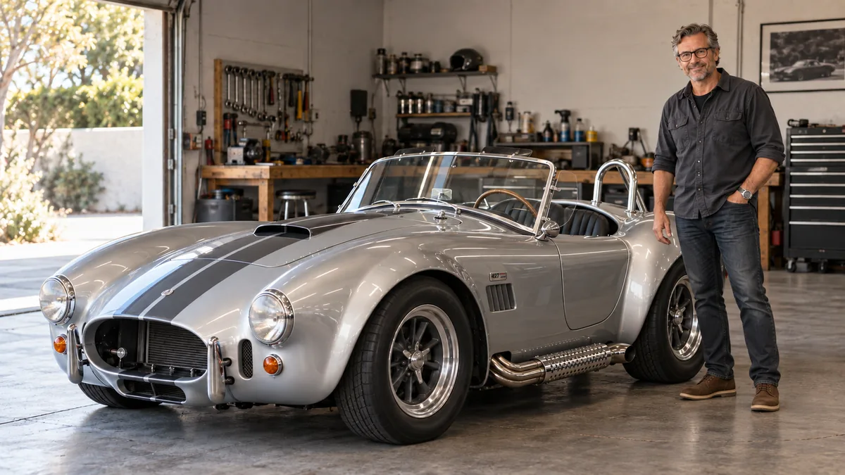 Alex Moreno with his first car, a silver 1965 Serpent Roadster, in the Pasadena garage