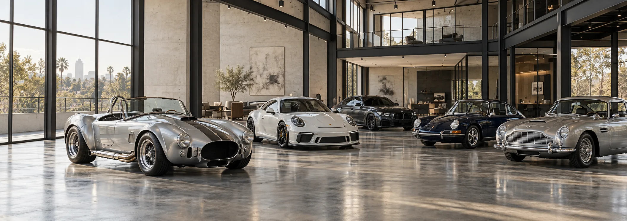 The Avava showroom in downtown Los Angeles: a Serpent Roadster, a 911 and classic GT cars on a polished concrete floor
