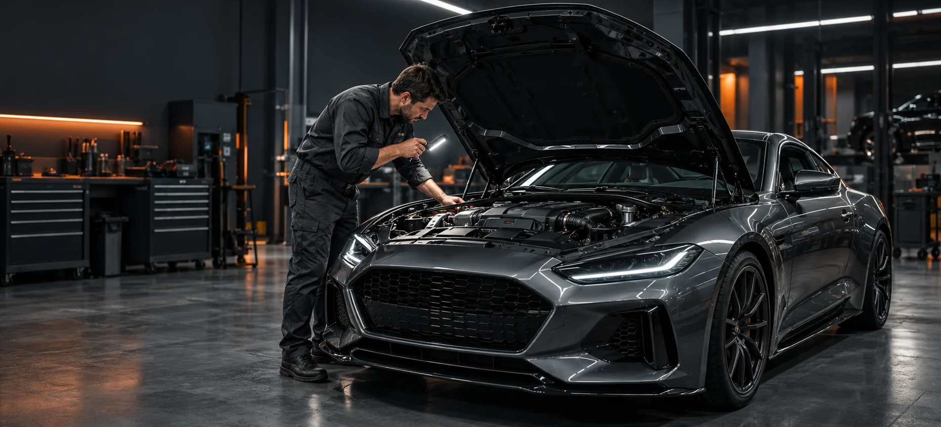 Technician inspecting a car under the bonnet