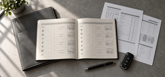 Service book, inspection sheets and a car key on a desk