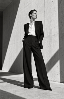 Woman in a black suit standing in hard sunlight