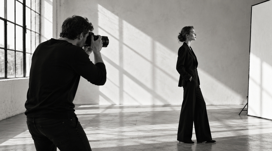 Photographer shooting a model in a sunlit studio