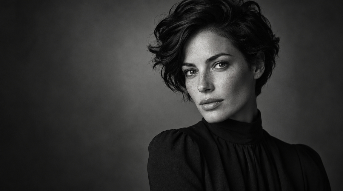 Black and white studio portrait of a woman with short dark hair