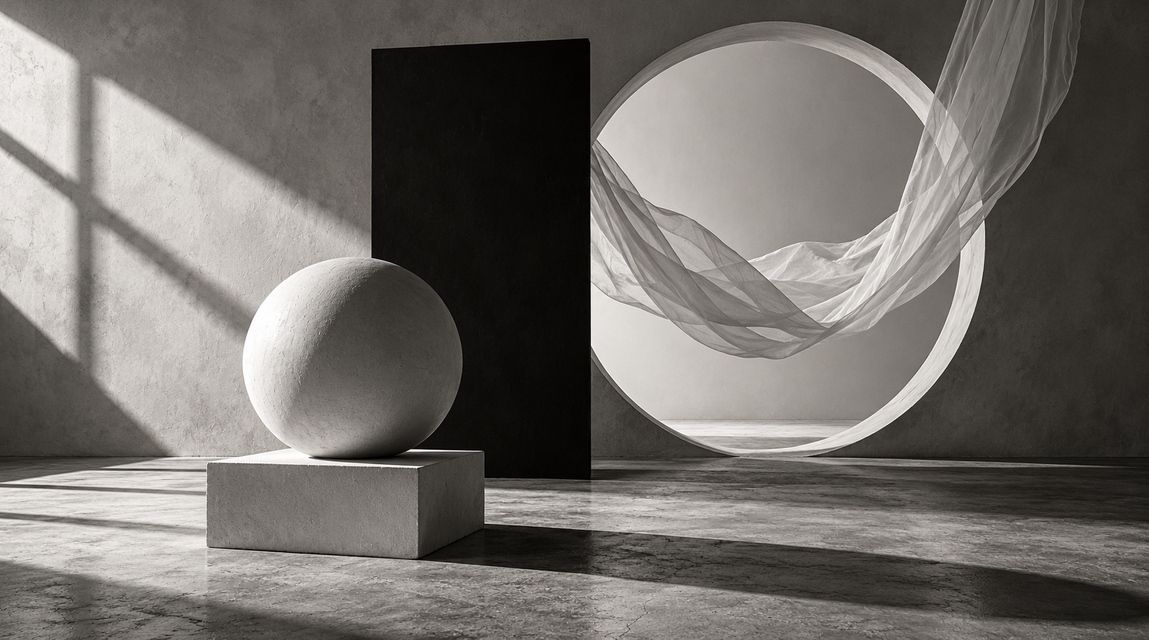 Still life of a sphere, a dark panel and a ring with flowing fabric