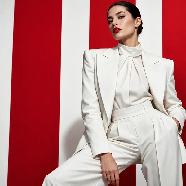 Model in a white suit on red stripes