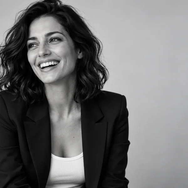 Laughing woman, monochrome headshot
