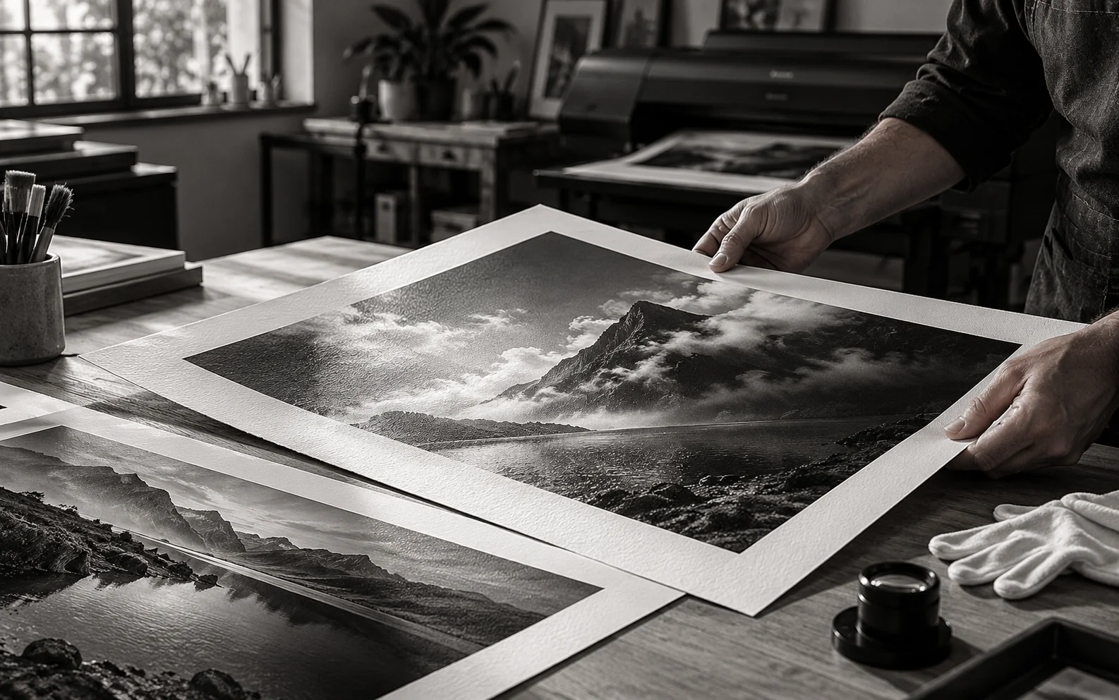Hands laying out a fine-art print