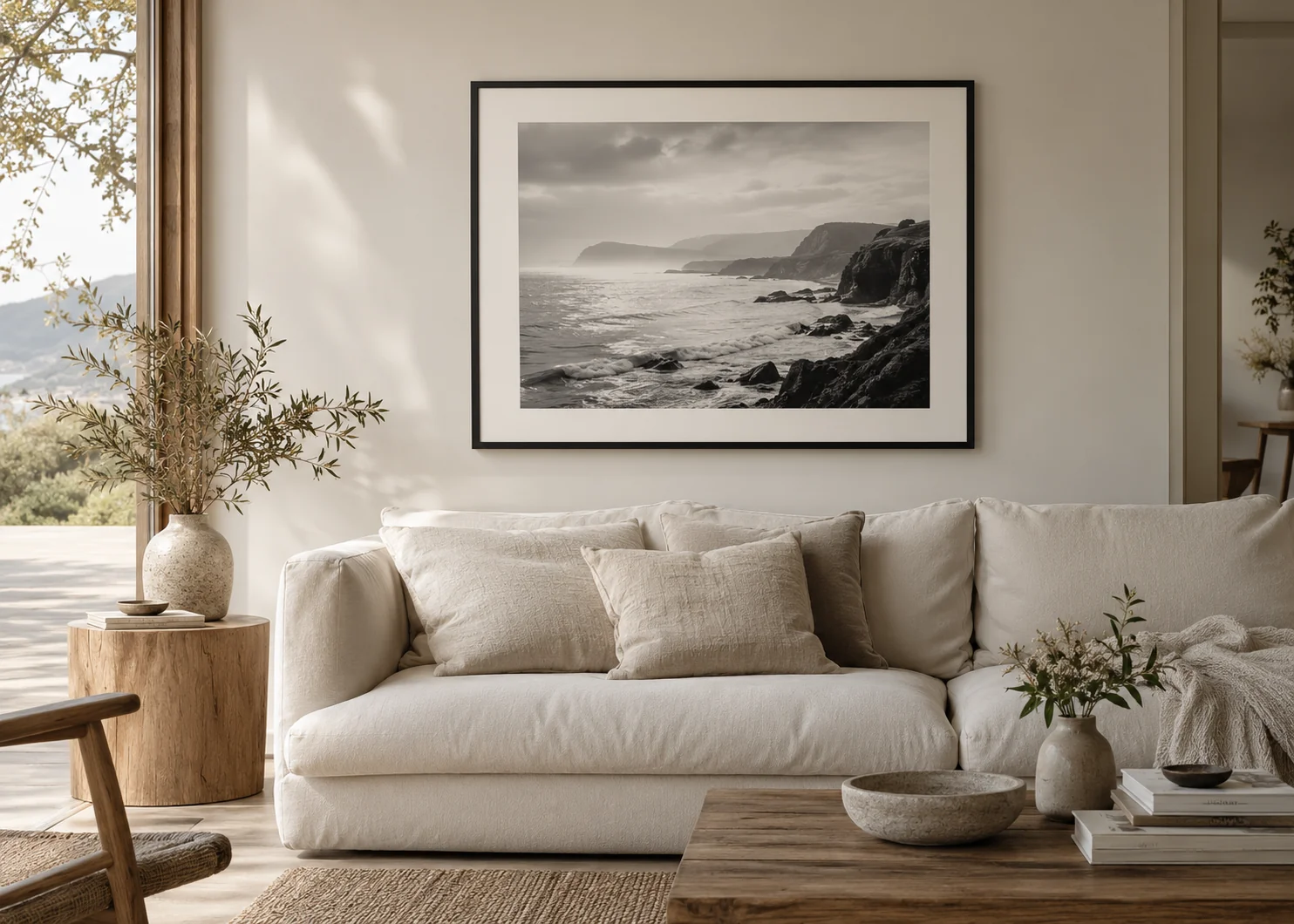 A framed black and white coast print above an ivory sofa