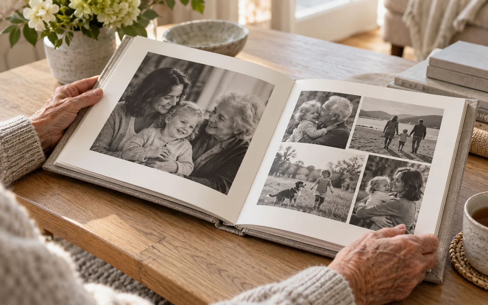 A linen family album open on a wooden table