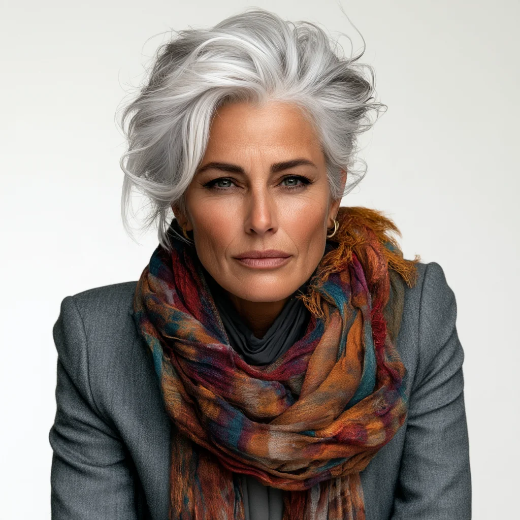 Elena in a colourful wool scarf, without glasses