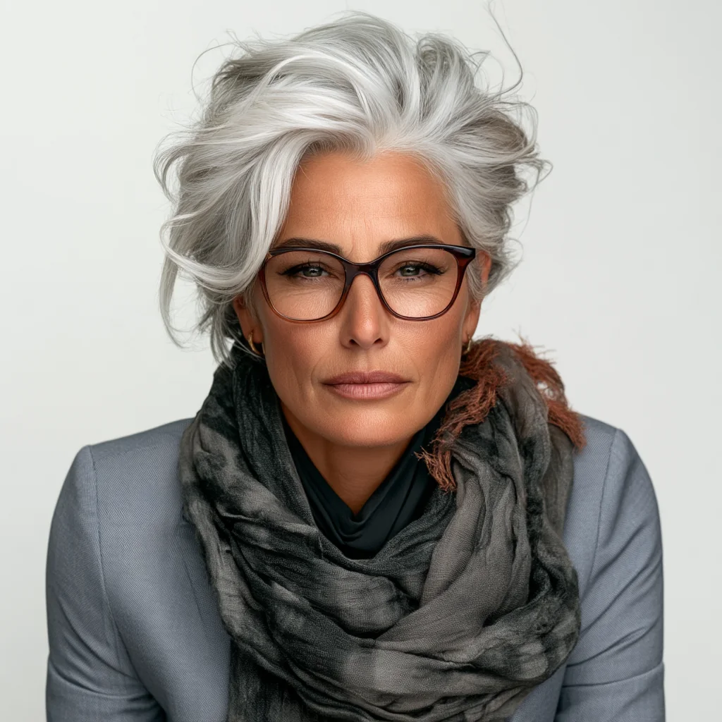 Elena in tortoiseshell glasses and a grey scarf