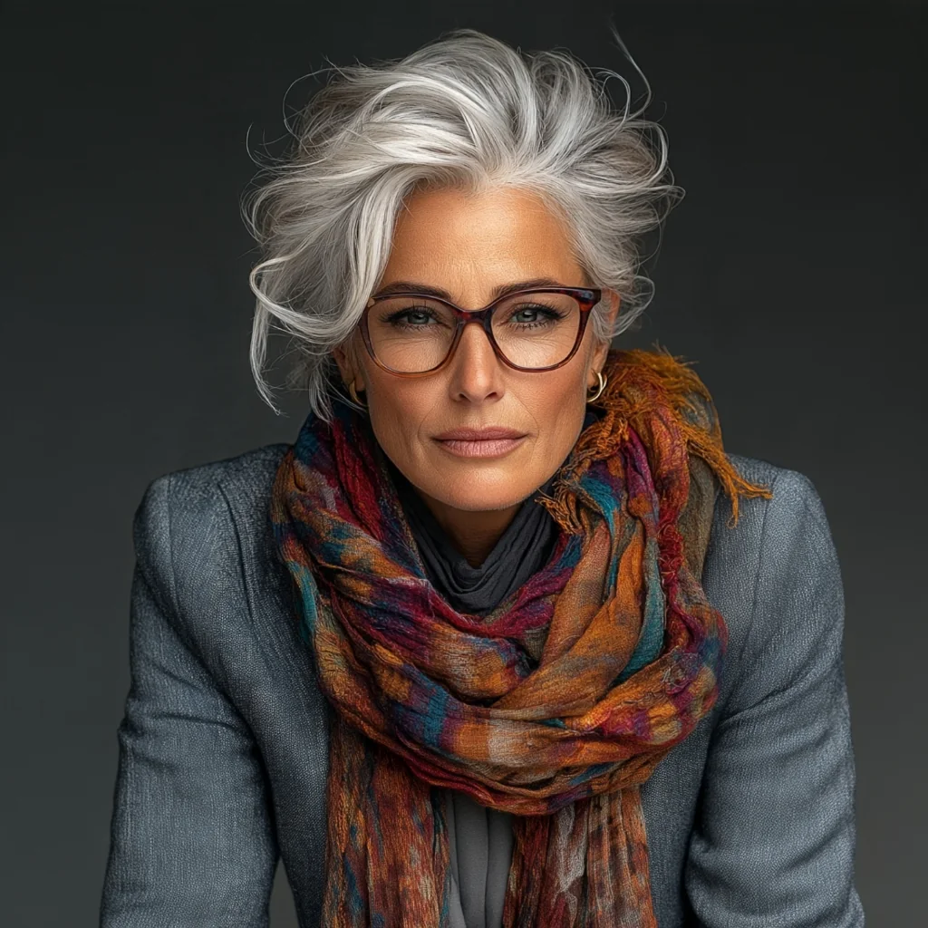Elena, a grey-haired woman in glasses and a colourful scarf, in the studio