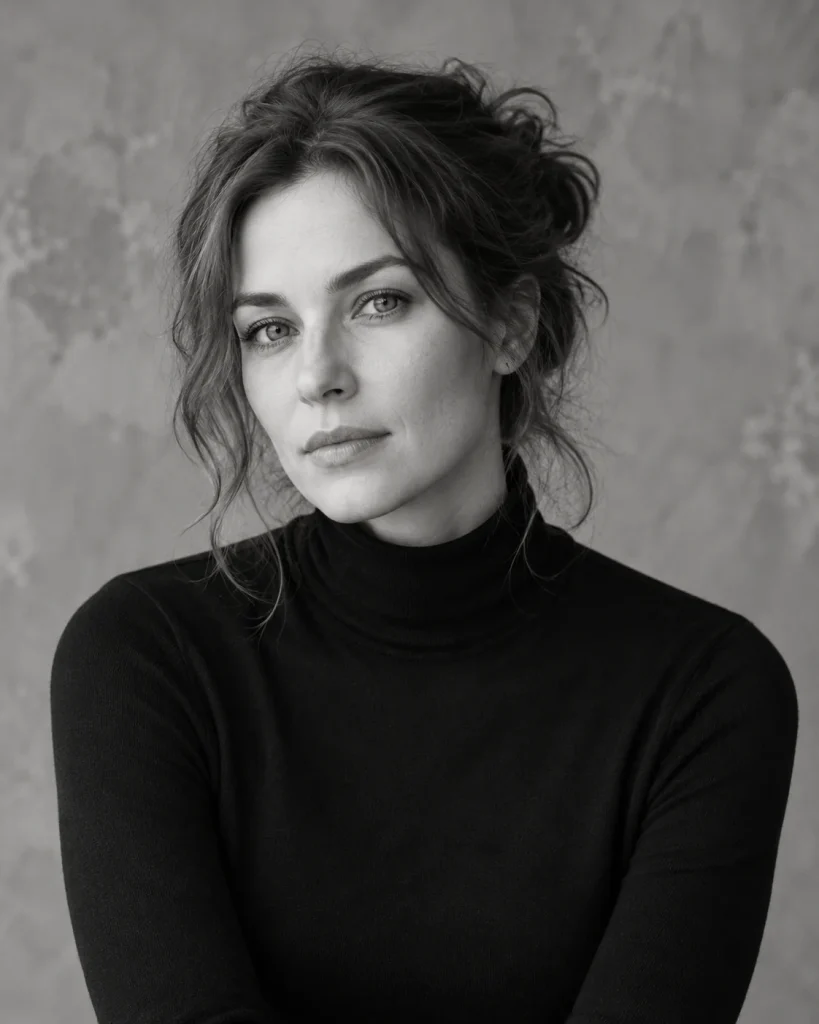 Soft frontal light on a woman in a black turtleneck