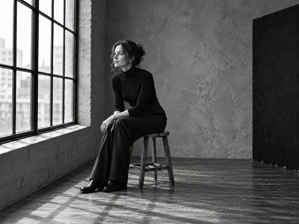 Woman seated on a stool beside a large industrial window