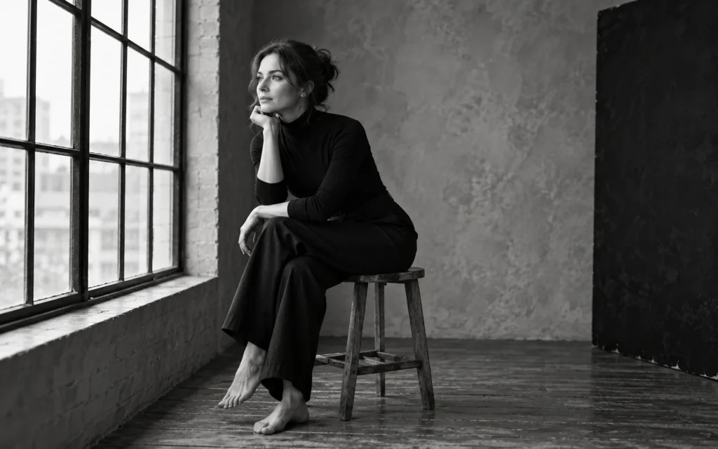 Woman in black sitting by a tall studio window