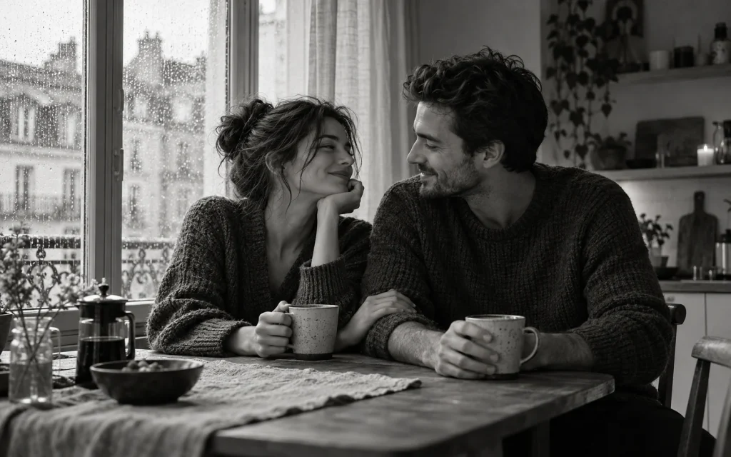 Couple sharing coffee at a kitchen table