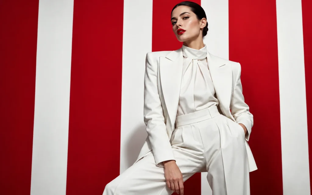 Model in a white suit on red and white stripes