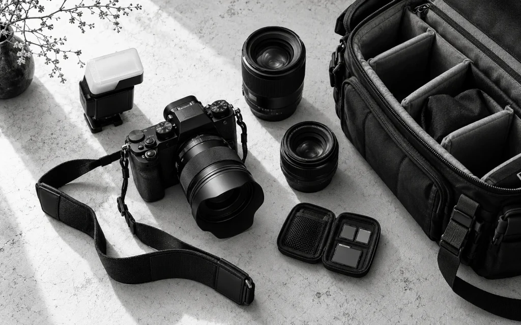 Camera, lenses and an open camera bag on a table