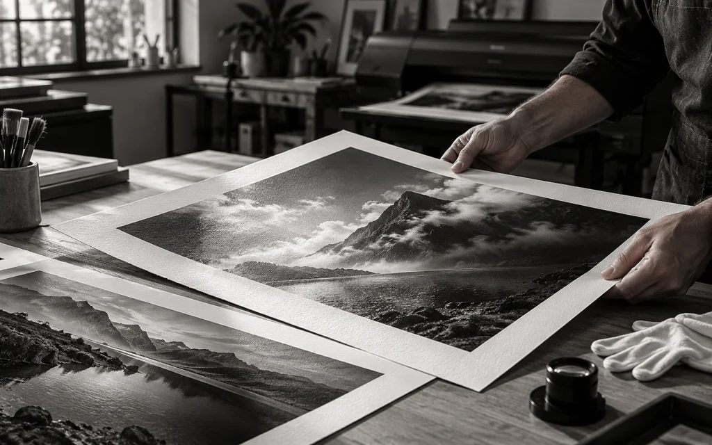 Hands laying out a black and white landscape print
