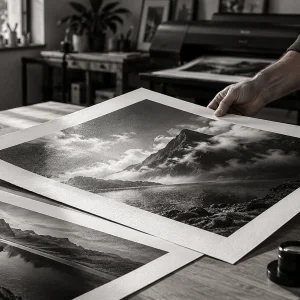 Hands laying out a black and white landscape print