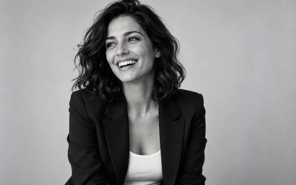 Laughing woman in a black blazer