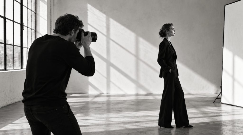 Photographer shooting a model in a sunlit studio