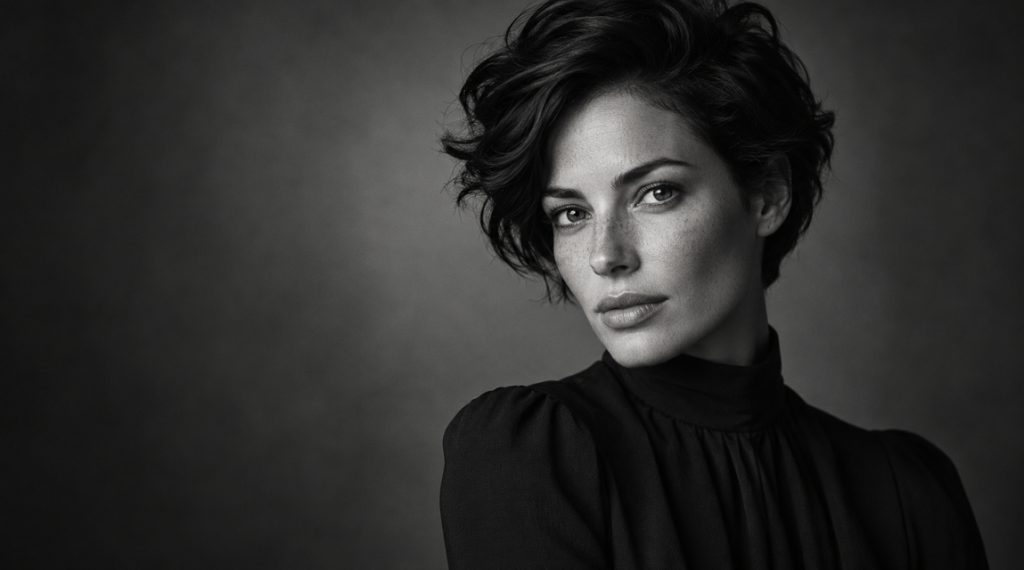 Black and white studio portrait of a woman with short hair