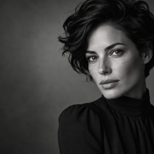 Black and white studio portrait of a woman with short hair