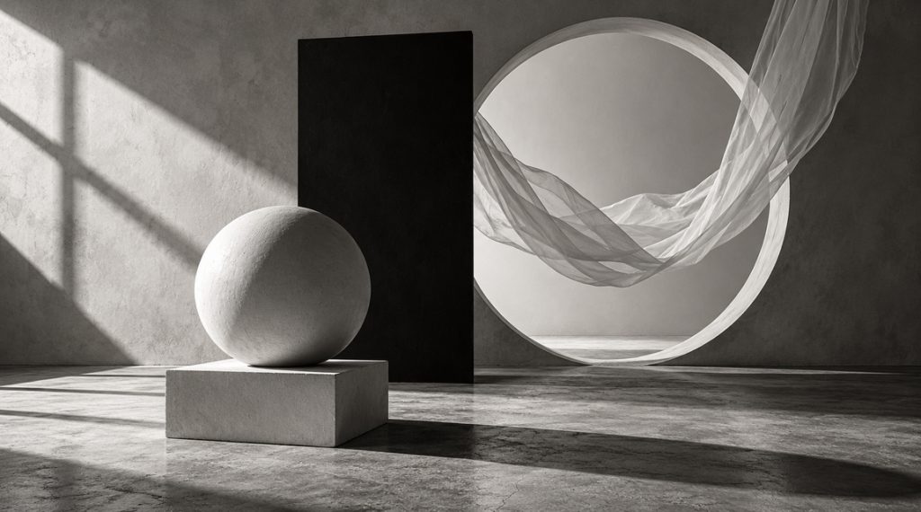 Still life of a sphere, a dark panel and a ring with fabric